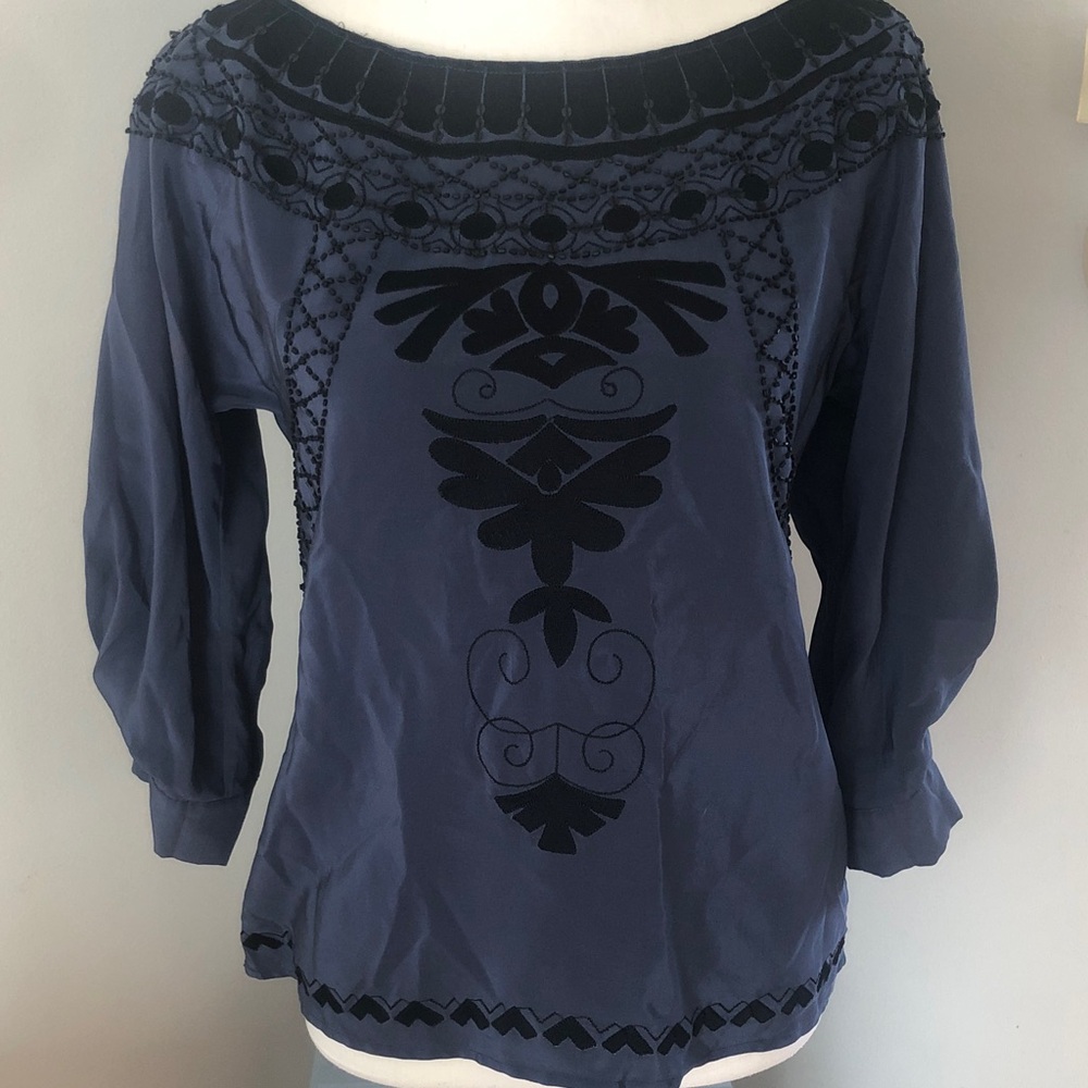 Corey Lynn Calter Navy Blue Blouse with Black Velvet Embroidery